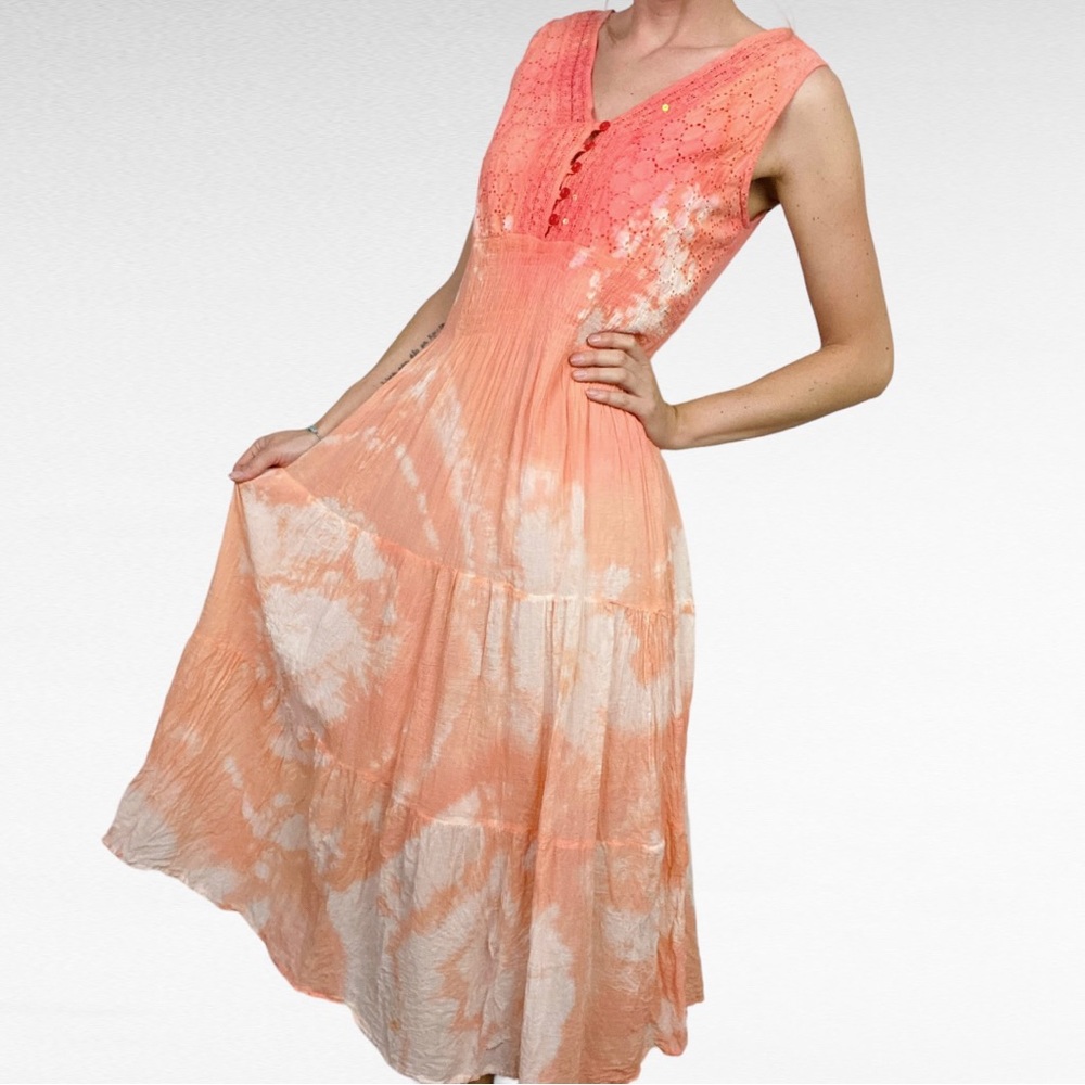 VINTAGE | R.S. Fashion Coastal Coral Tie Dye Embroidered Sequin Sleeveless Dress - Picture 2 of 8